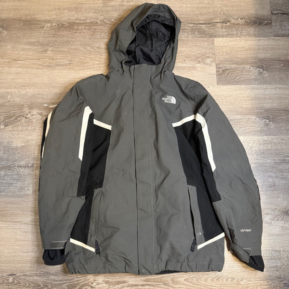 The North Face HyVent Hooded Jacket Boys L 14/16 Gray Black Colorblock Rain Coat